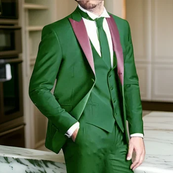 2024 Italijanski Slim Fit Moške Obleke 3 Kos Vrha River Green Moda Po Meri Poroko Ženina Jopičem (Suknjič + Telovnik + Hlače) Po Meri
