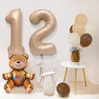 3D Medved Tema Rojstni dan Baloni Caramel Cream Število Aluminija Balon Nastavite Postavitev Happy Birthday Stranka Dekor Otroci Trebušaste