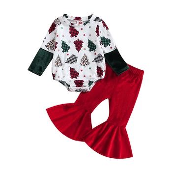 Baby Dekleta Božič Oblačila Božično Drevo Tiskanja Dolge Rokave Romper in Hlače Dva Kosa Malčka Obleke