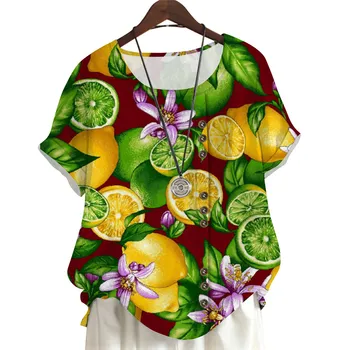 CLOOCL Havajih Ženske Bluze Apna Tiskanje Majice Gumb Dekoracijo Krog Vratu Kratka sleeved Počitnice Vrhovi Tees 2023