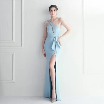 DongCMY Razkošje In Elegantno Žensko Obleko Enotni Ramenski Dolgo Večerno Obleko Strani Špranjske Modre Obleke Za Poroke Družice 2024