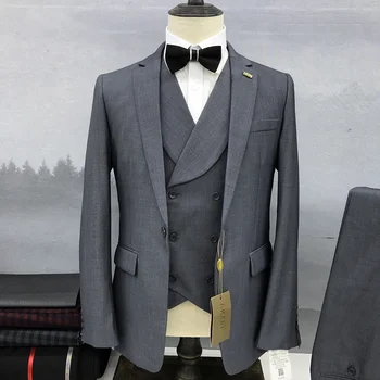 Elegantno Trdne Moške Obleke 3 Delni Set Visoko Kakovostnih Slim Fit Boutique Business Casual Obleke Moda Moško Obleko (Suknjič+Telovnik+Hlače)
