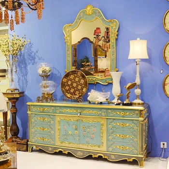 Francoski retro ročno pobarvane modro cvetje luksuzni vklesan zlati masivnega lesa 2m verandi kabinet