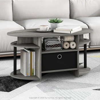 Furinno JAYA Preproste Zasnove, Okroglo mizico z Bin, francoski Hrast Sivo/Črna dnevna soba, pohištvo strani tabele