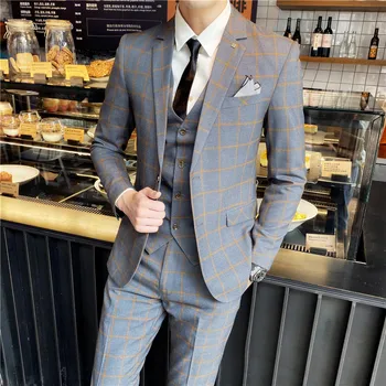 (Jakne+Telovnik+Hlače) Moški Korejski Blazerji Slim Preverite Britanski Poslovna Obleka Moških Tri Kos Poroko Ženin Človek Obleko