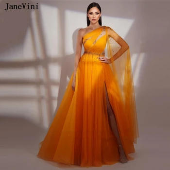 JaneVini Luksuzni Oranžna Beading Dubaj Večerne Obleke Eno Ramo Cape Rokavi arabski Elegantno Obleko Ženske za svate 2023