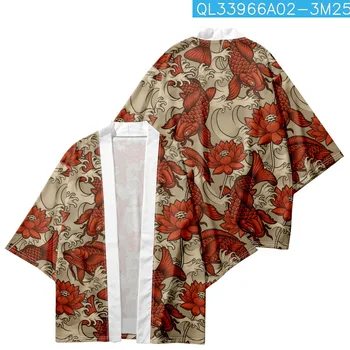 Japonski Tradicionalni Ulične Jopico Rdeča Krap Lotus Tiskanja Kimono Rokavi Haori Ženske Moški Plaži Yukata Azijskih Oblačila