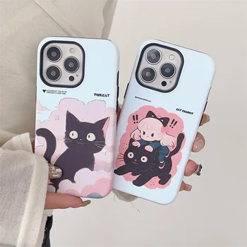 Kawaii Black Cat Dekle Primeru Telefon Za iPhone 14 11 12 13 Pro Max 14pro Srčkan Zaščitni ovitek 2 v 1, Silikonski Primerih Shockproof
