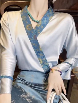 Kitajski Tradicionalni Majica Imitacije Svile Dolgo Sleeved Vrh Hanfu ženskih Oblačil za Pomlad Jesen Qipao Kratek Elegantno Krilo