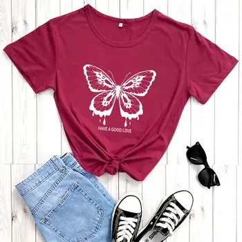 Metulj in Slogan Graphic Tee Nov Prihod 100%Bombaž Smešno T Shirt Natuer Majica Butterfly Srajce Dobro Življenje Vrhovi Darilo za njo