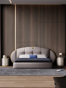 Minimalističen italijanski usnje posteljo, luči luksuzni, moderni stil spalnico, preprosta zakonska postelja, high-end in atmosferskih mehko posteljo