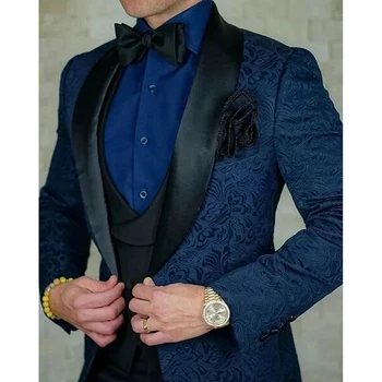 Moda Jacquardske Moške Obleke Kraljevsko Modro Ruto River Natisnjeni Moško Obleko Priložnostne Slim Fit Elegantna Oblačila za Moške (Suknjič+Hlače+Telovnik)