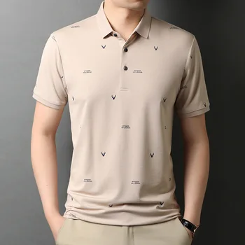 Moda Nova moška Kratka sleeved River T-shirt Mulberry Svile Materiala Tanke Natisnjena Kratka sleeved Bluzo