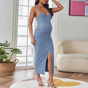 Modre Ženske Porodniškega Obleko Priložnostne Proti-Vrat Špageti Trak brez Rokavov Split Obleko za Nosečnost Obleko Photoshoot