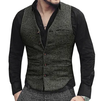 Moška Classic, Priložnostne Obleko Telovnik V Vratu Kost Tweed Slim Fit Poslovnih Waistcoat Za Poroko