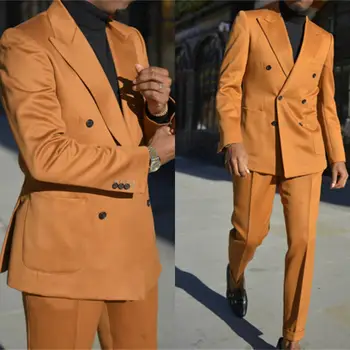 Oranžna Dvojno Zapenjanje Mens Obleke Slim Fit Stranka Nositi Dva Kosa Formalnih Poslovnih Priložnosti Dosegla Vrhunec River Suknjič+Hlače Tuxedos Za Moške