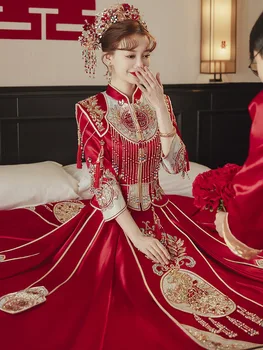 Retro Kitajski Prefinjenim Stilom Poročiti Cheongsam Tradicionalno Visoke Kakovosti Nevesta Sequins Beading Vezenje Rese Poročno Obleko