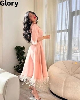 Režejo Rokavi Prom Obleke S Perjem Prilagodljiv A-Linijo Proti-Vrat Arabiji Ženske Elegantne Stranka Obleke Formalne Priložnosti Obleke
