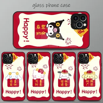 Sanrio Novo Leto Srečno Primeru Telefon Vroče Kaljeno Steklo Za IPhone 15 14 13 12 11 Pro XS Mini Max X XR 8 7 6s Plus Kritje SE2020