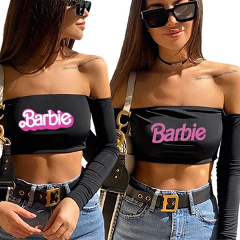 Seksi Barbie Ženske Off Ramenski Obreži Zgoraj Moda Kawaii Anime Y2K Deklice Dolg Rokav Cev T Shirt Priložnostne Kratek Ulične Darila