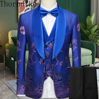 Thorndike Najnovejše Modne Moške Obleke Šal River Ženina Tuxedos Kostum Homme Mariage Slim Fit (Suknjič+Hlače+Telovnik) Moški Poročno Obleko