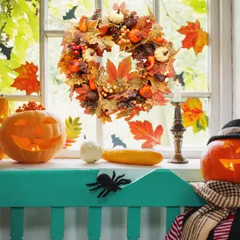 Umetni Bučna Venec Veren Vrata Obešalnik Jeseni Barve Dekorativni Simulirani Maple Leaf Pinecone Venec za Zahvalni dan