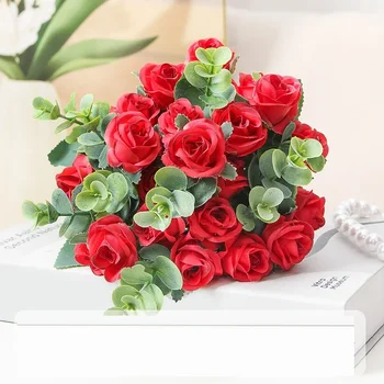 Umetni Listi Evkaliptusa Svile Pijani Princesa Šopek Vrtnic Ponaredek Cvetje Avditorij Dekoracijo Simulacije Rdeče Rose Cvet