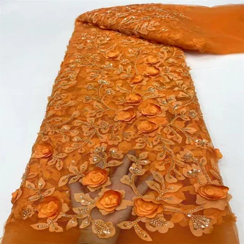 Visoka Kakovost Modnih Afriške 3D cvet Til Vezene Ženina Čipke Tkanine Beaded Oranžna Čipke Tkanine Za Nigerijski Poročno Obleko