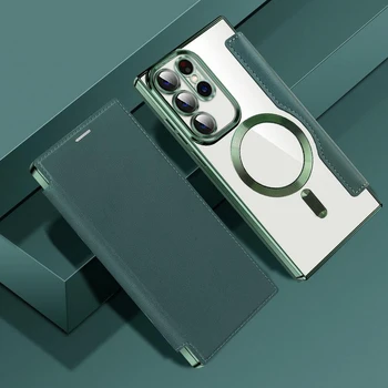 Za Magsafe Usnja Flip Case Za Samsung Galaxy S23 Ultra Plus Luksuzni Magnetni Brezžično Polnjenje Plating Odbijača Jasno, Zadnji Pokrovček