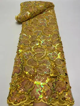 Zlato Nigerijski Visoko Qualit Očesa Tkanine, Čipke Afriške Sijoče Big Sequins 5 Metrov Til Vezenine, Čipke Tkanina Za Ženske Stranka Obleko