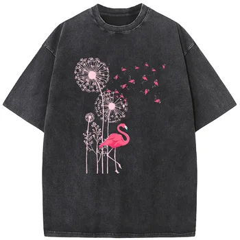 Ženske Regrat Flamingo Kratka Sleeved Majico 230 Gramov Visoko Kakovostnih Oprati Stare Tshirt Letnik Svoboden Tshirt